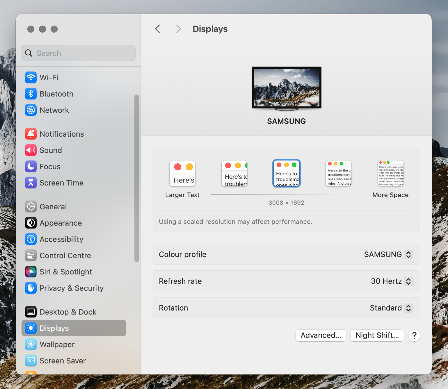 MacOS display settings
